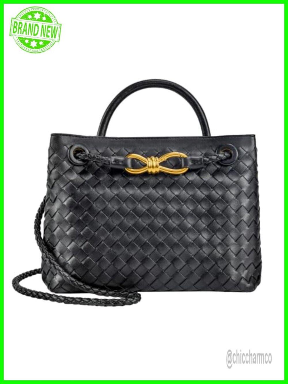 Woven Tote Bag PU Leather Top Handle Shoulder Handbag